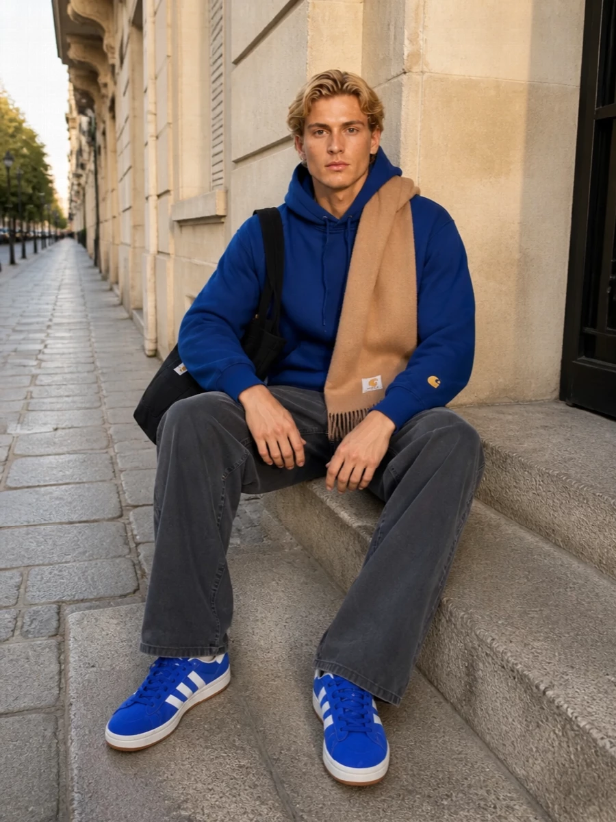 Carhartt cobalt hoodie charcoal pants adidas campus