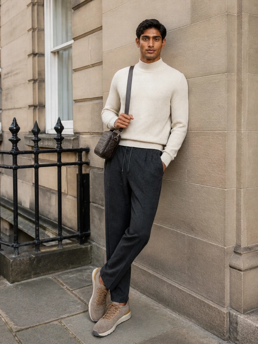 Brunello cucinelli taupe sneakers ribbed sweater outfit