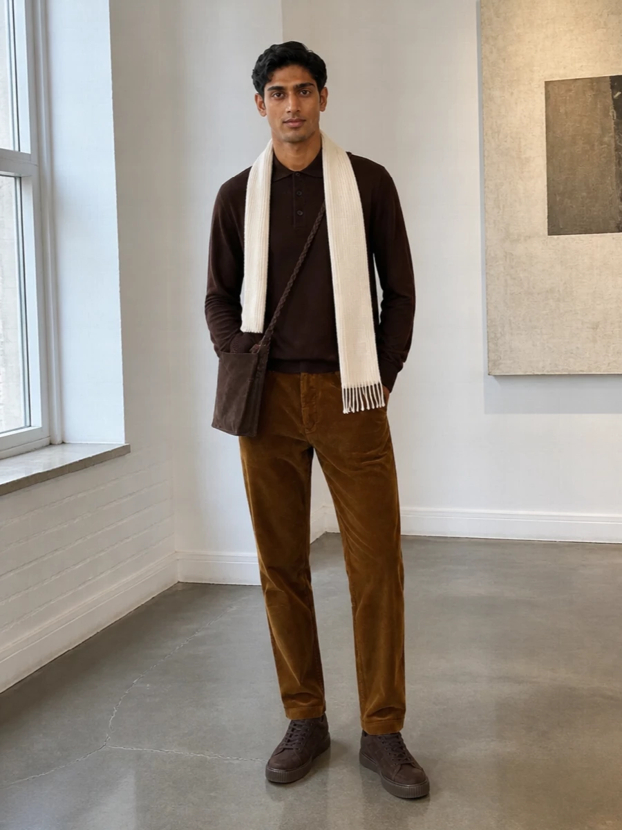 Vince brown knit polo corduroy trousers outfit