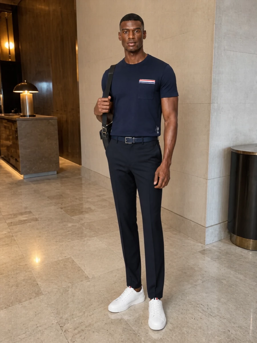 Thom browne navy tee slim tailored trousers outfit