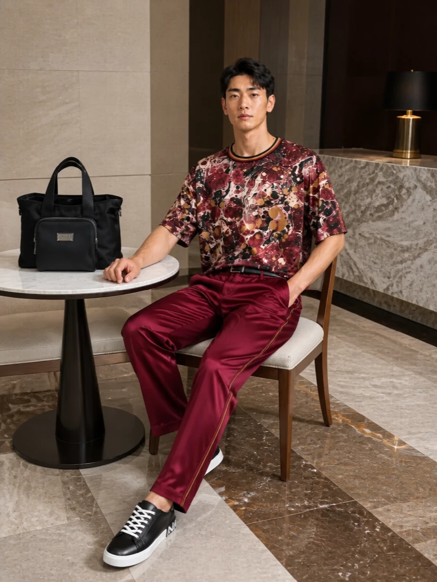 Dolce gabbana burgundy tee track pants outfit