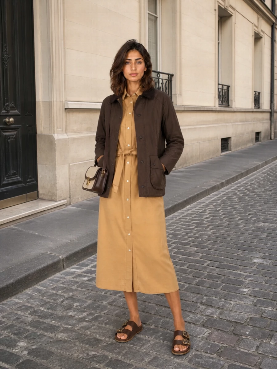 Brown field jacket camel shirt dress outfit