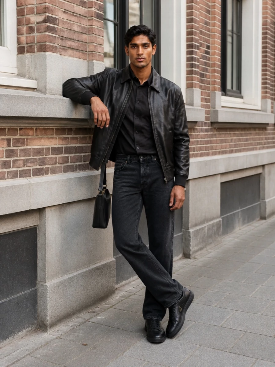 Prada leather bomber black jeans sneakers