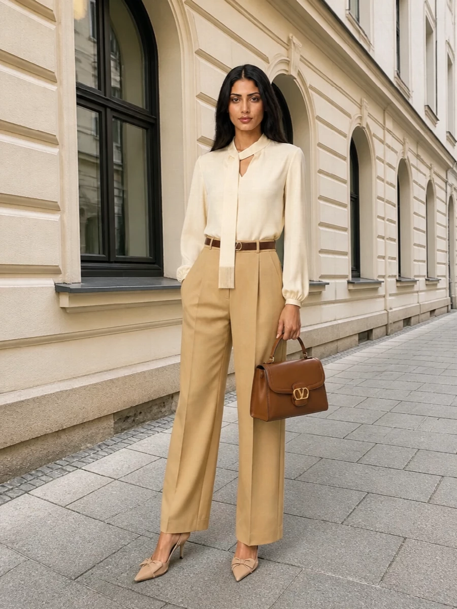 Valentino camel trousers silk buttercream blouse