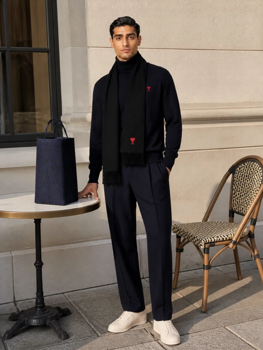 Ink-on-ink Ami tailoring keeps this turtleneck grounded, with pleated navy trousers extending the clean vertical line for a quietly polished city uniform. Cream leather sneakers lighten the palette just enough, reading refined rather than sporty. A navy structured tote and a black scarf with a matching heart signature finish the outfit with discreet, logo-aware restraint.