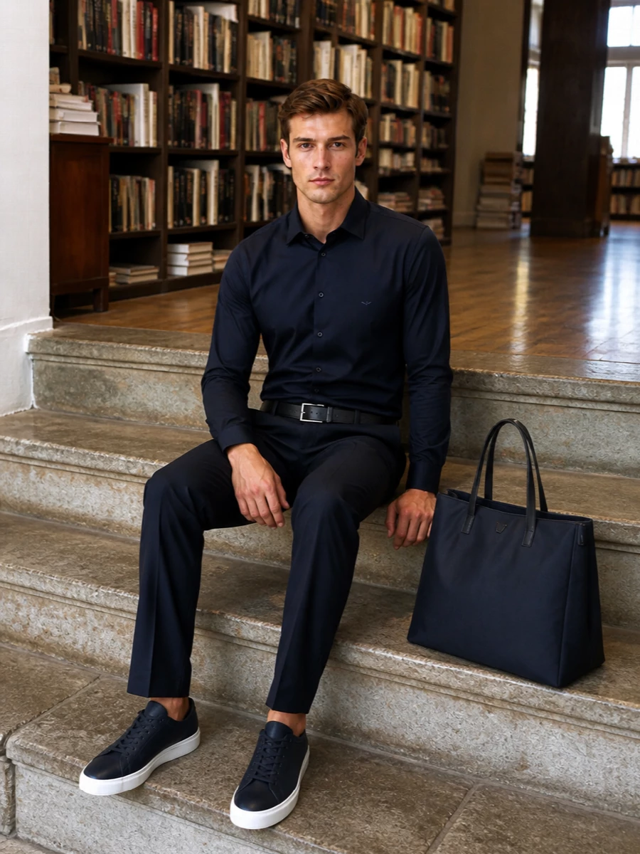 Emporio armani navy shirt tailored trousers outfit