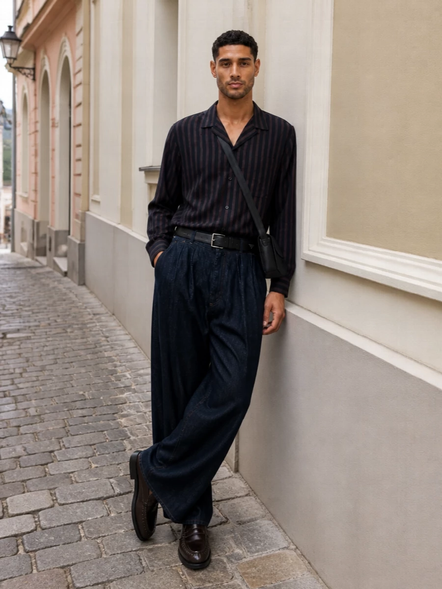 Ink-wide denim paired with a striped navy camp shirt creates a precise balance of volume and ease, all in a deep, quietly graphic palette. Slip-on loafers and a minimal crossbody keep the mood polished but relaxed, letting the high-rise pleat and wide leg stay the focal point. A clean black belt neatly defines the waist so the generous proportions read sharp rather than slouchy.
