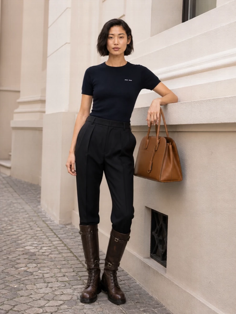 Prada miu miu combat boots tailored trousers outfit