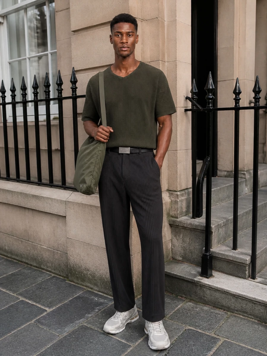 Homme plisse pleated tee charcoal trouser outfit