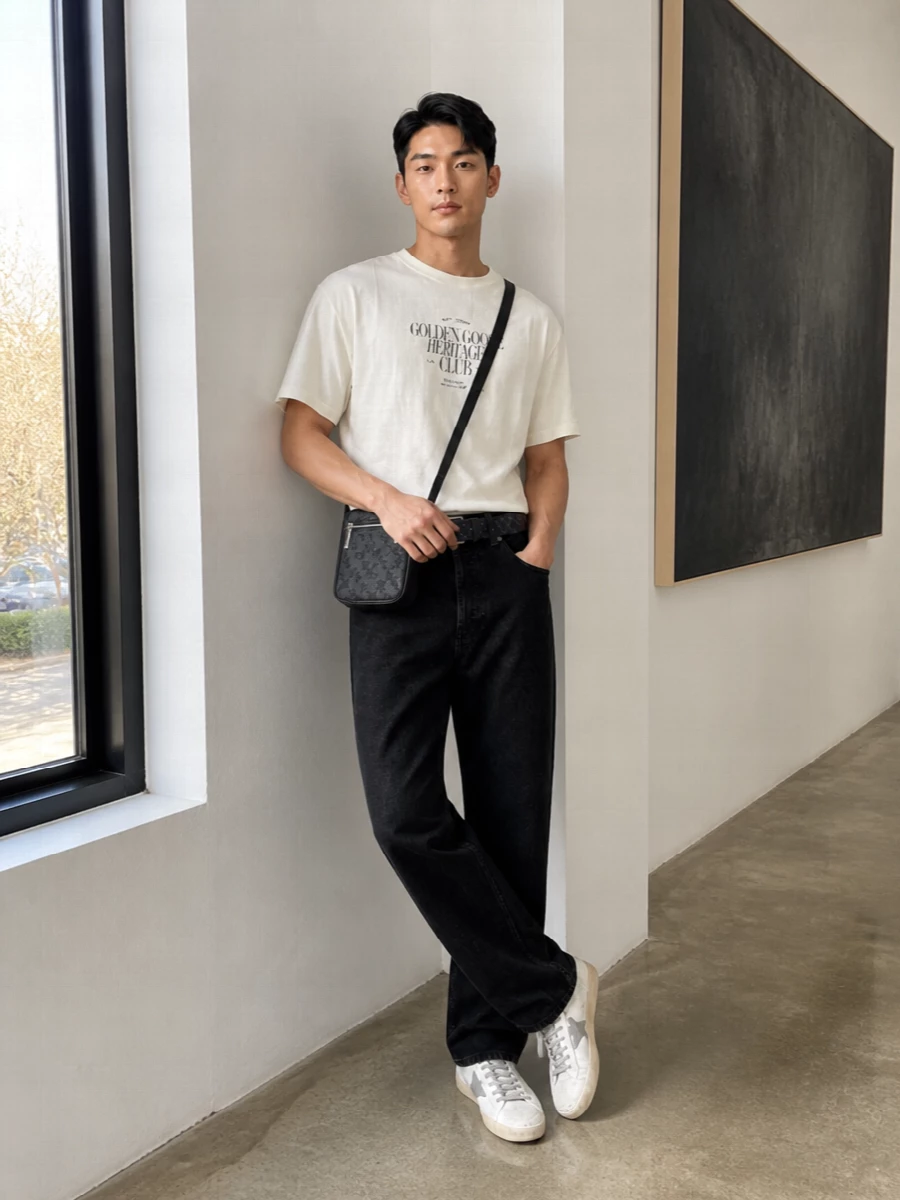Golden goose tee black jeans gucci crossbody