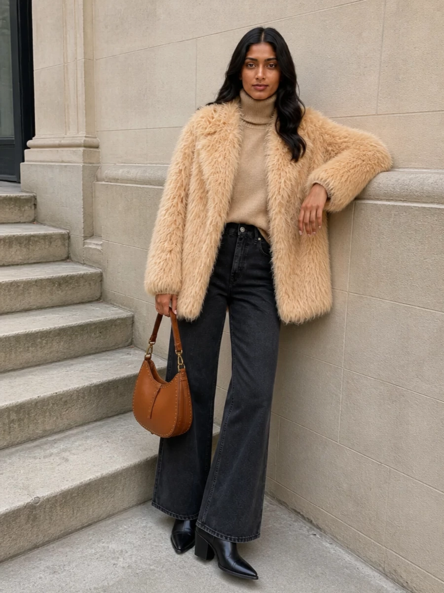 Isabel marant faux fur coat wide leg jeans outfit