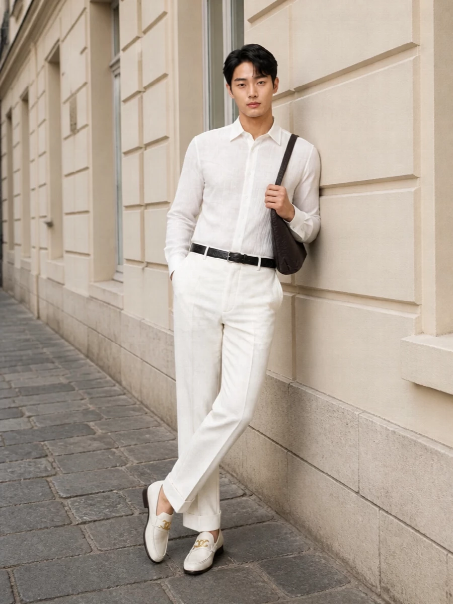 Ivory Valentino trousers are paired with an off-white, textural Valentino shirt for a tone-on-tone SS look that feels bright, precise and quietly luxurious. Cream loafers keep the palette light and tailored, while a dark espresso intrecciato crossbody and a slim black belt add just enough contrast to ground the outfit without disturbing its minimalist serenity.