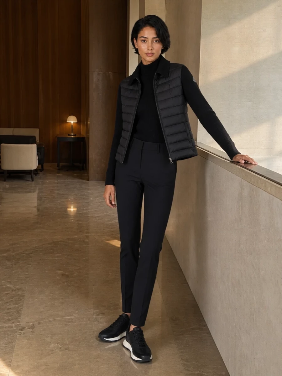 Moncler black hybrid jacket tailored pants outfit