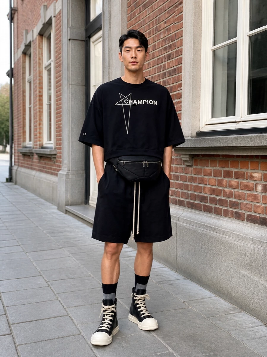Rick owens cropped tee black drop crotch shorts