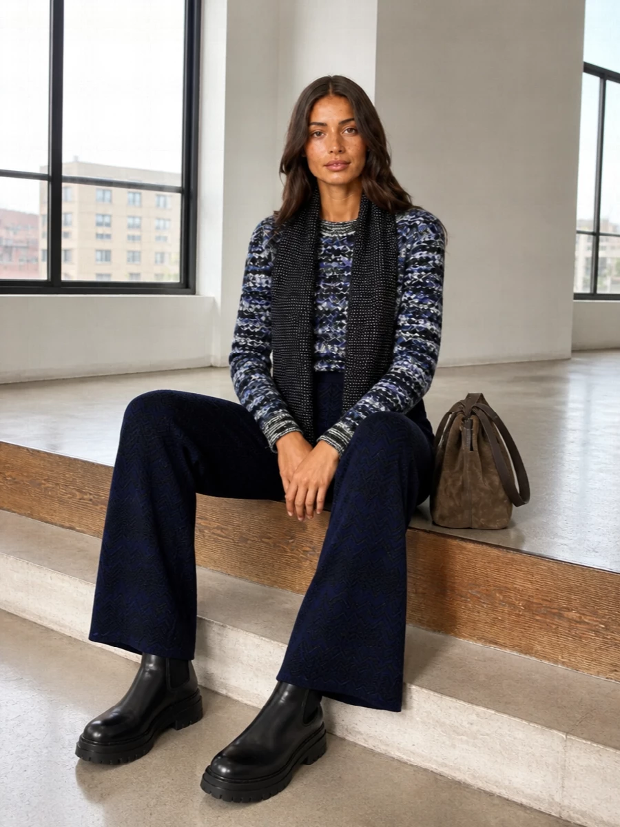 Missoni navy knit sweater wide leg trousers