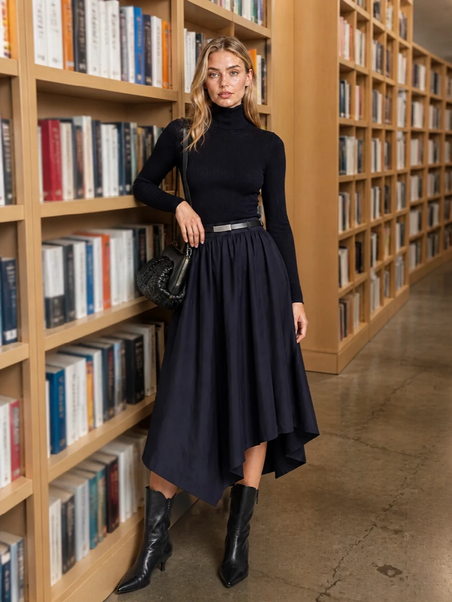 Paloma wool navy midi skirt turtleneck boots