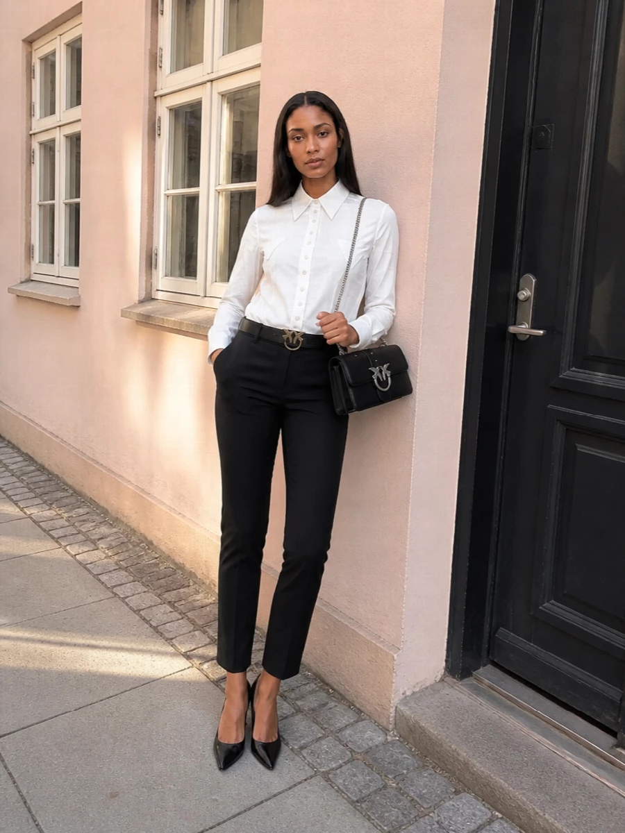 Pinko white shirt black tailored trousers outfit