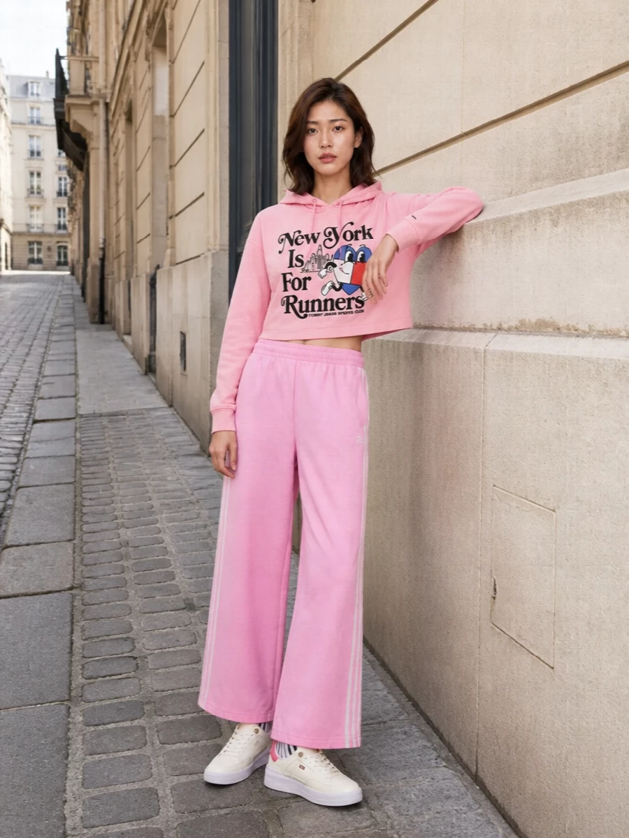 Tommy hoodie pink adidas track pants outfit
