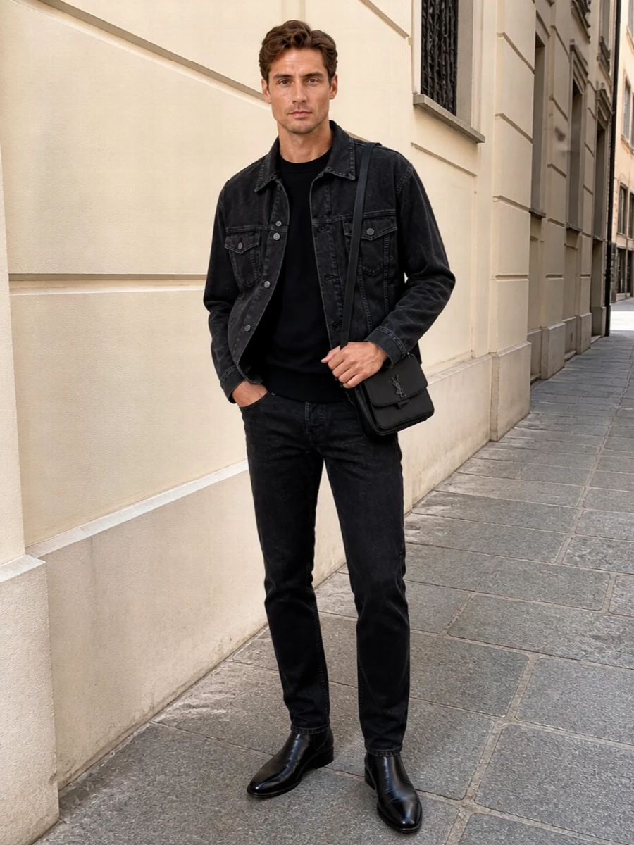Saint laurent black denim jacket chelsea boot outfit