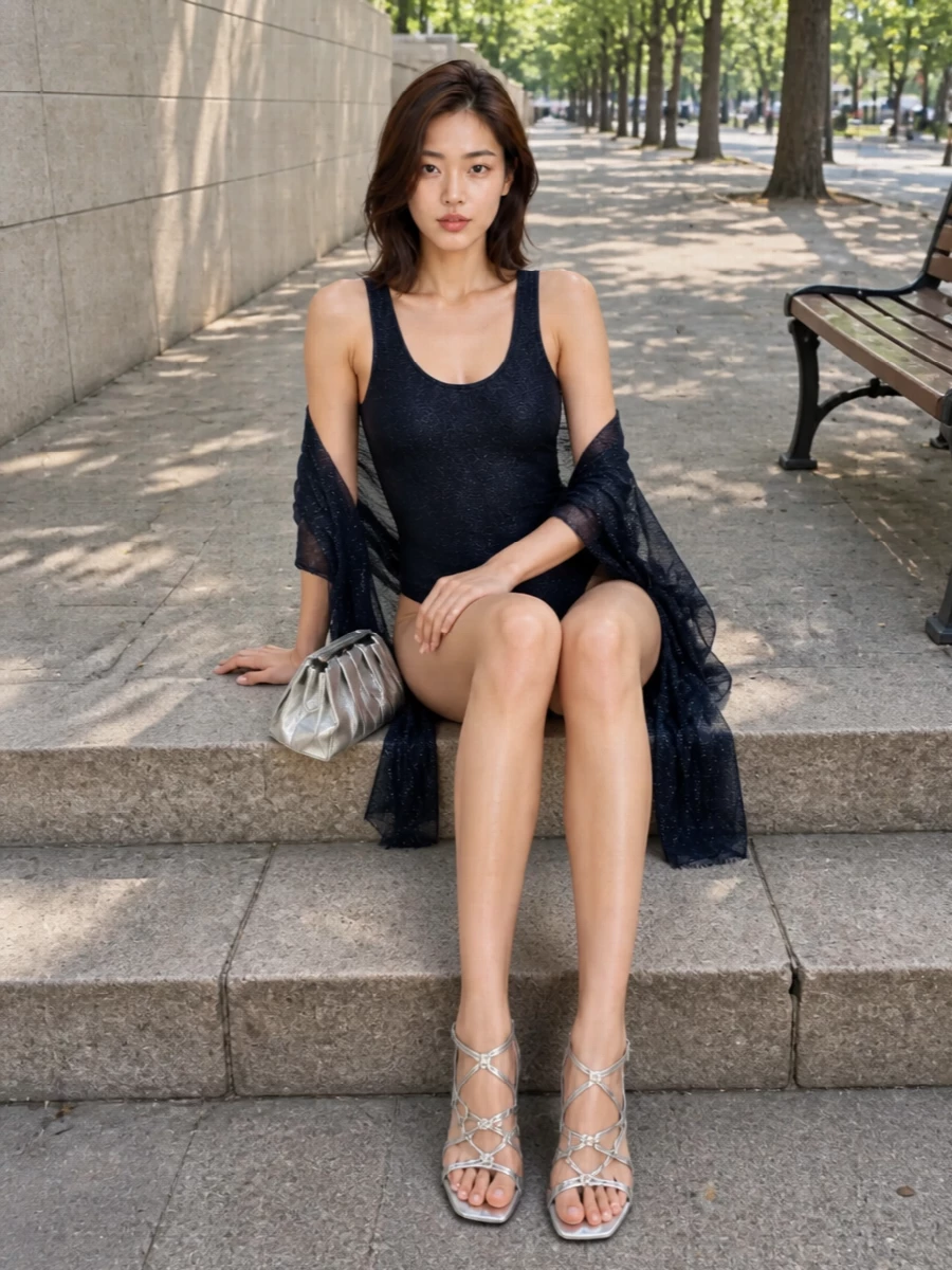Midnight shimmer meets clean metal accents for a pool-to-party outfit that feels nostalgic and sharp at once. The navy base stays streamlined while silver accessories catch the light without competing, so the body-conscious cut remains the quiet focal point. It is a modern take on 90s swim glamour that reads as intentional evening dressing, not just beachwear off-duty.
