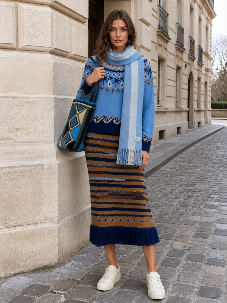 Alanui blue knit sweater striped midi skirt outfit