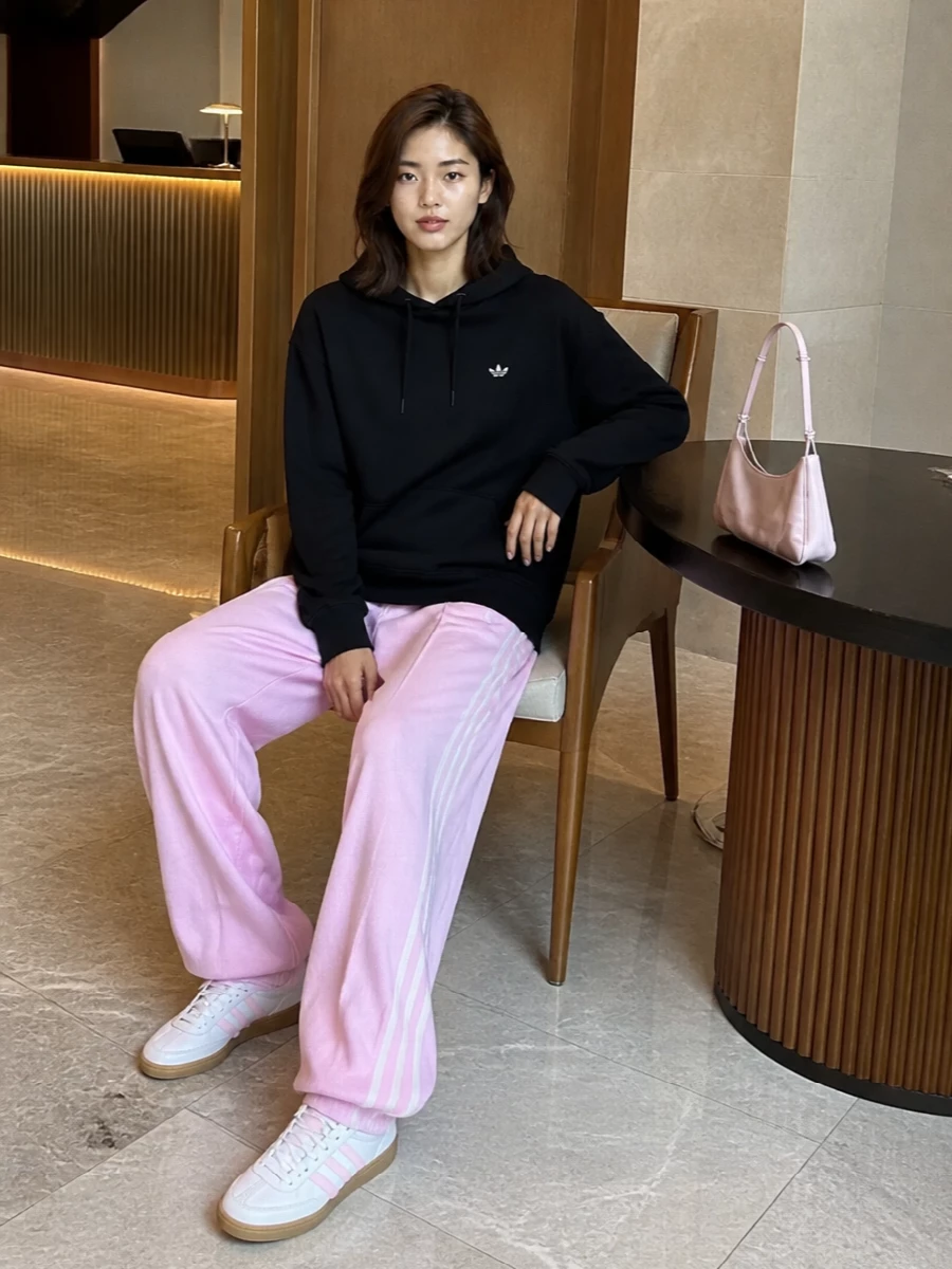 Adidas pink track pants black hoodie gazelle sneakers