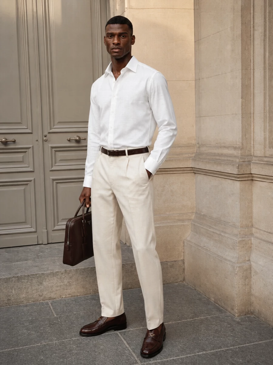 Prada beige trousers white shirt brown loafers
