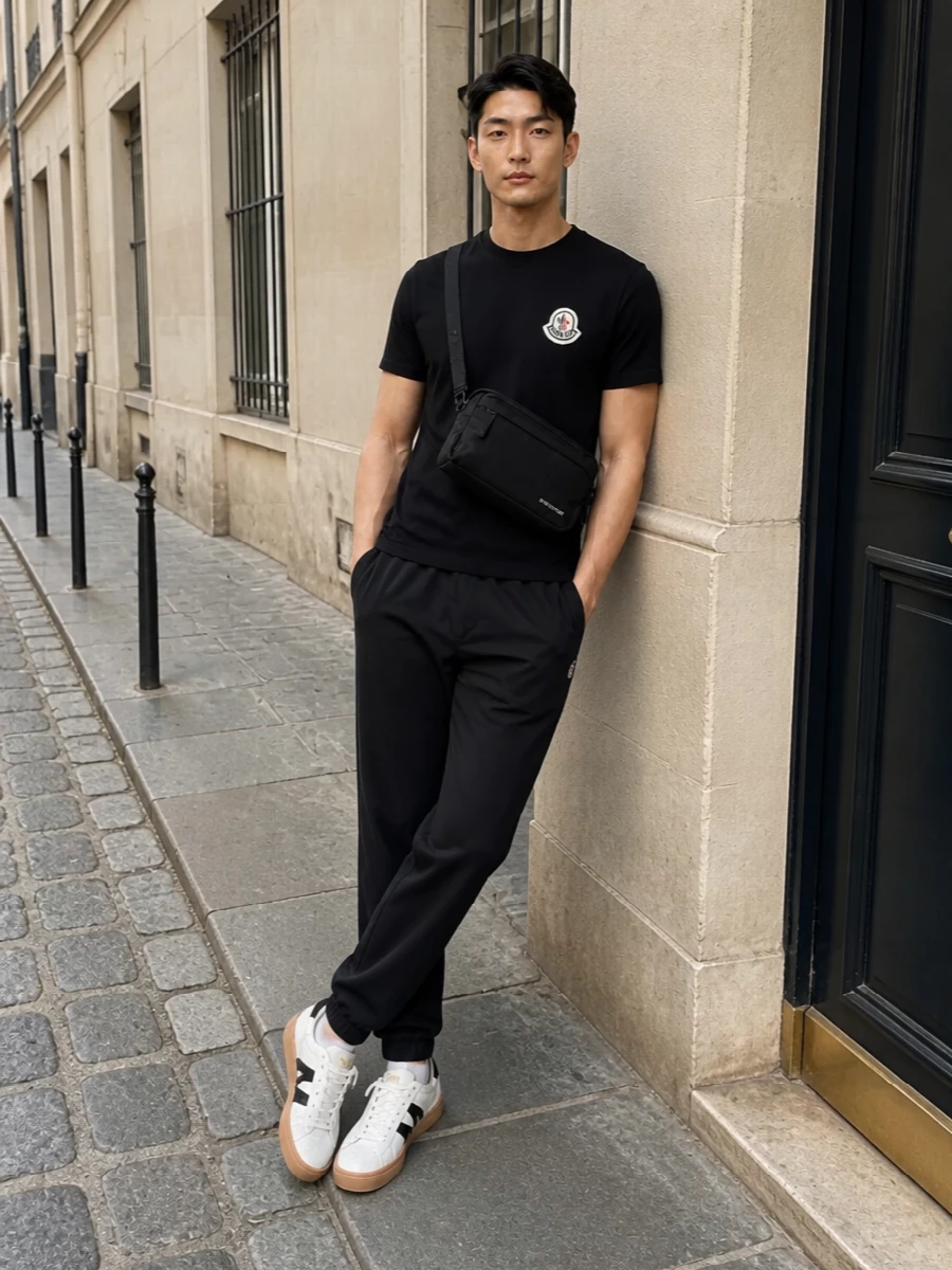 This look leans into a monochrome, sport-luxe uniform: the black Moncler tee sits cleanly over tapered black technical track pants for a streamlined, travel-ready base. Crisp white-and-black court sneakers break up the darkness just enough, while a compact black belt bag keeps essentials close and the overall silhouette sharp, modern and effortlessly off-duty.