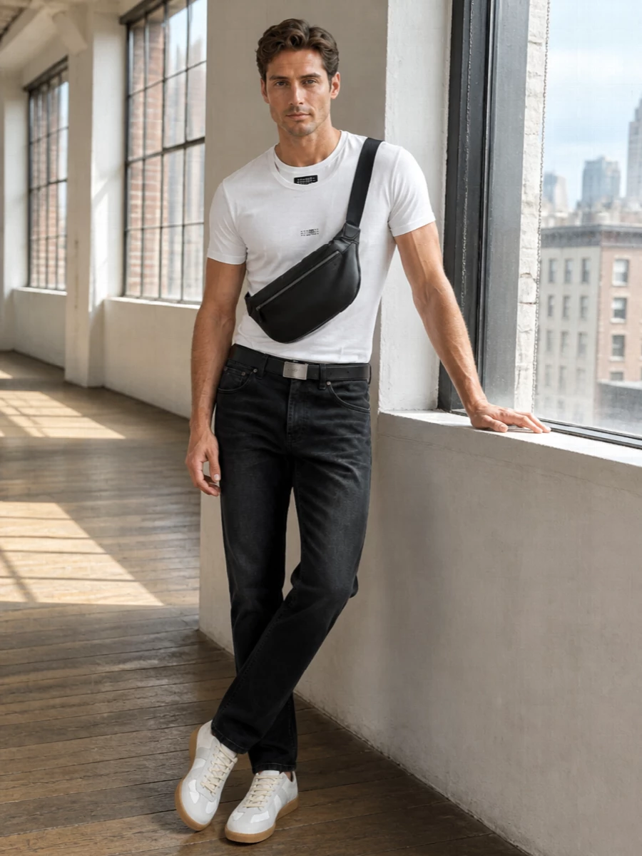 A crisp white Mm6 tee sits against washed black straight-leg denim for a calm, monochrome take on streetwear. Off-white Margiela sneakers keep the line light and agile, while a padded black crossbody and slim belt add just enough structure. The result is a quietly luxurious uniform that feels as at home in a studio as it does on city streets.