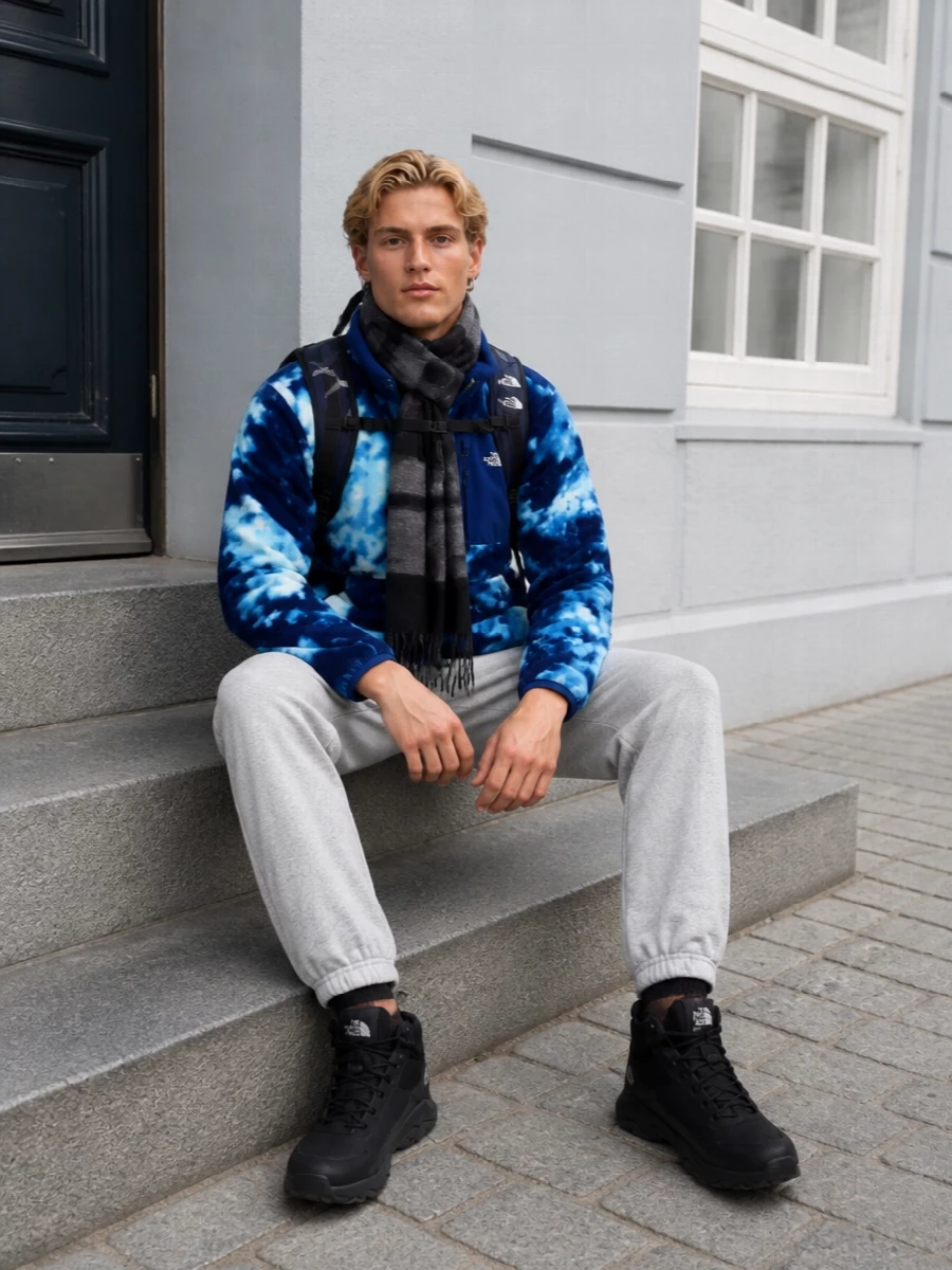 North face fleece grey joggers trail boots outfit