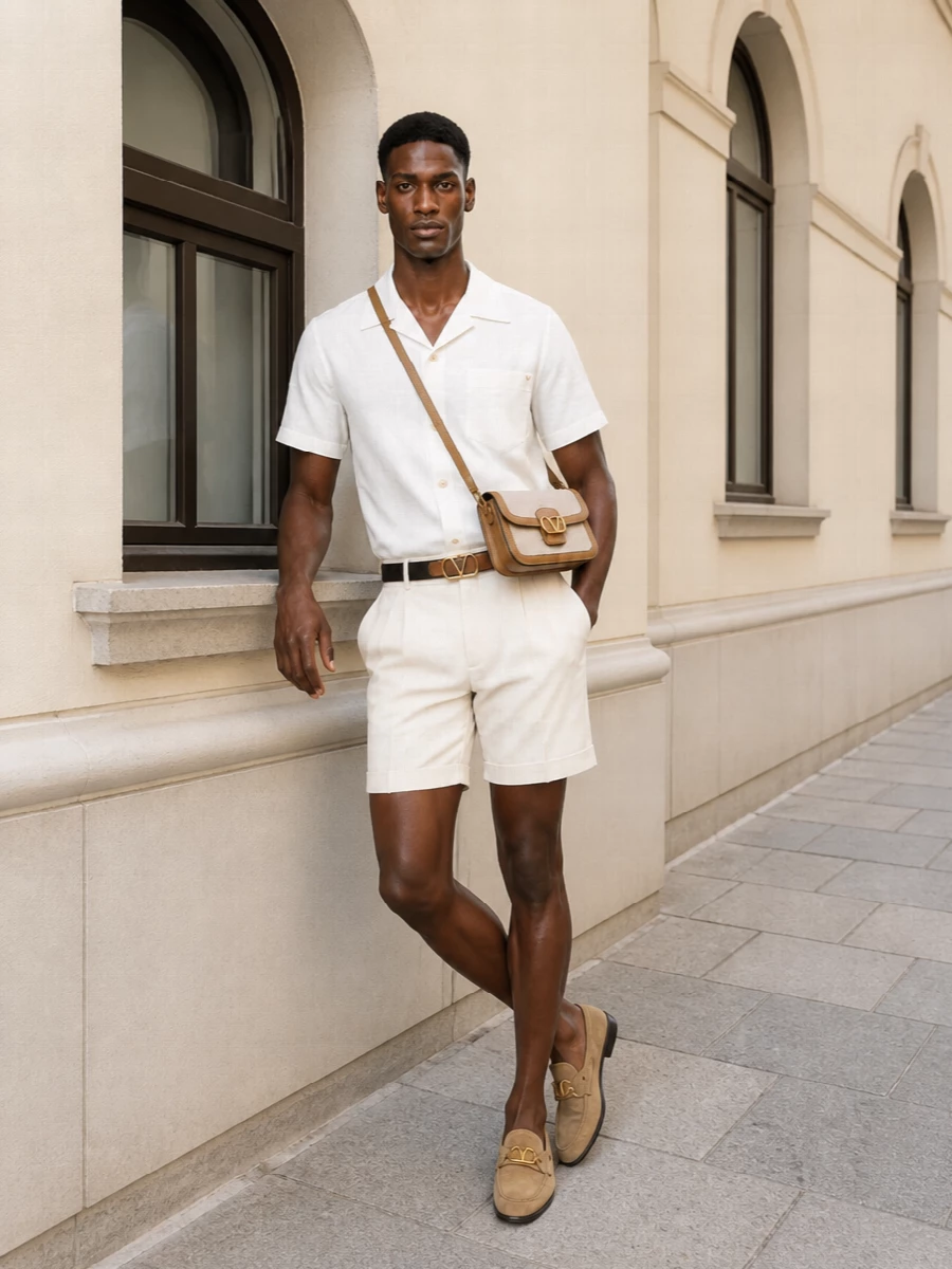 Valentino cream tailored shorts outfit suede loafers