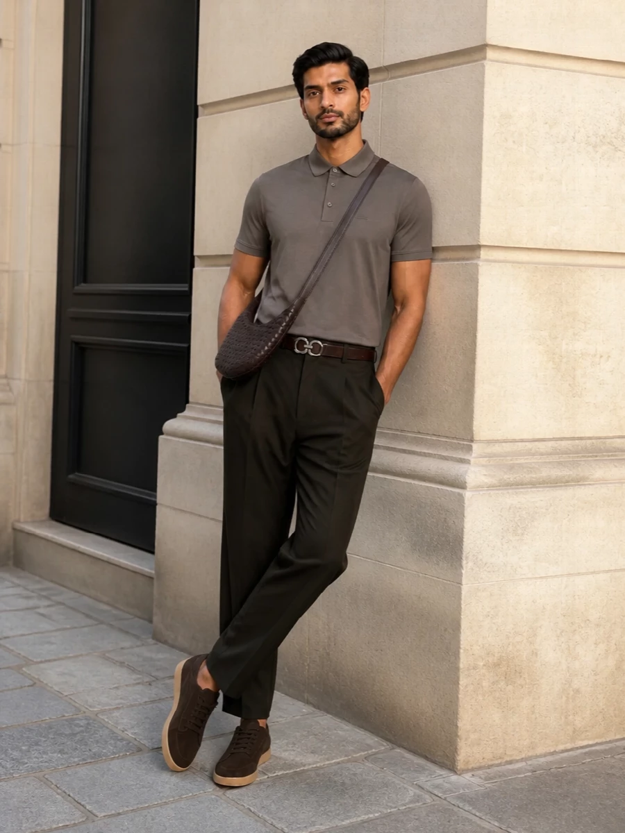 This look centres on the taupe Zegna polo paired with deep olive pleated trousers for a quietly luxurious, tonal SS uniform that feels considered but unforced. Rich brown suede sneakers and a matching espresso Bottega crossbody continue the earthy story, while the Ferragamo belt adds a precise, subtly branded finish that keeps everything firmly in the refined, modern-tailored space.