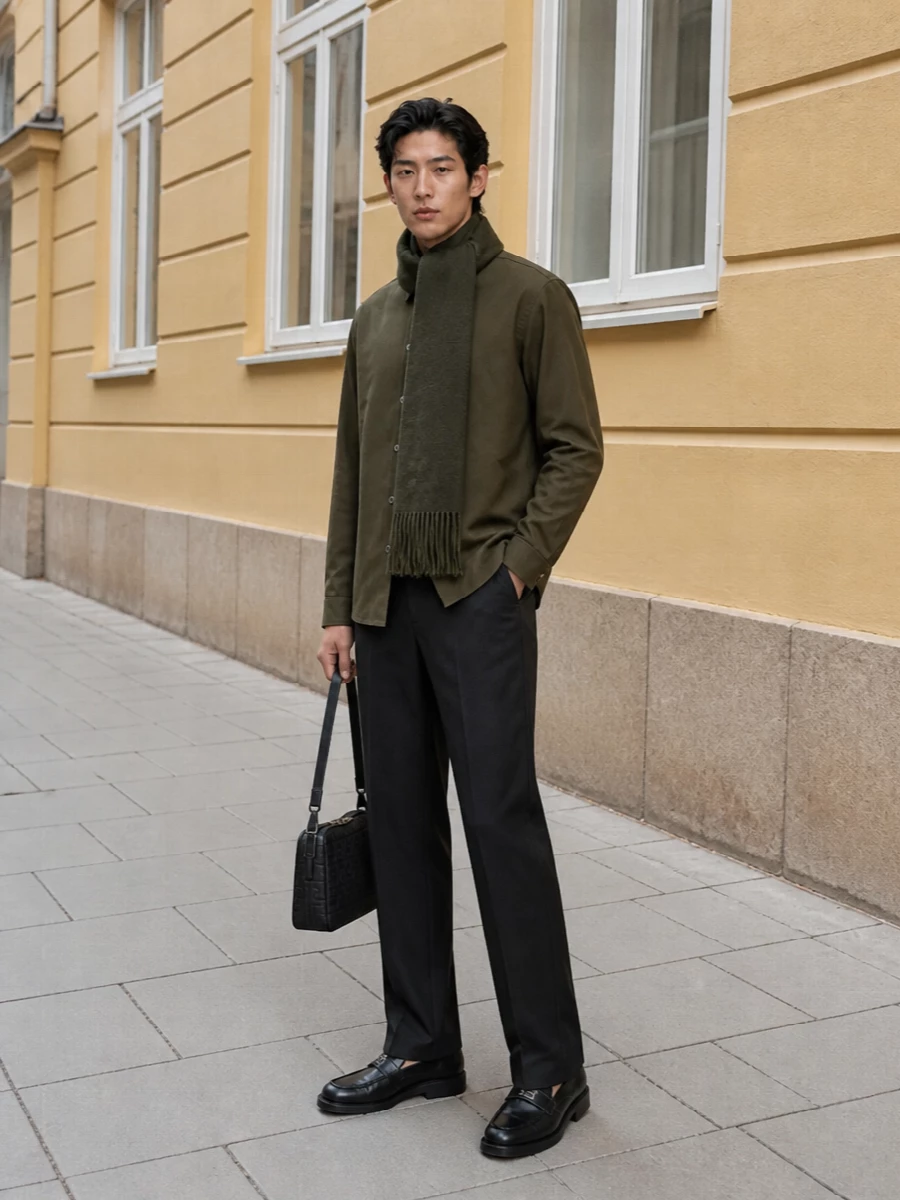 Fendi olive shirt jacket charcoal trousers