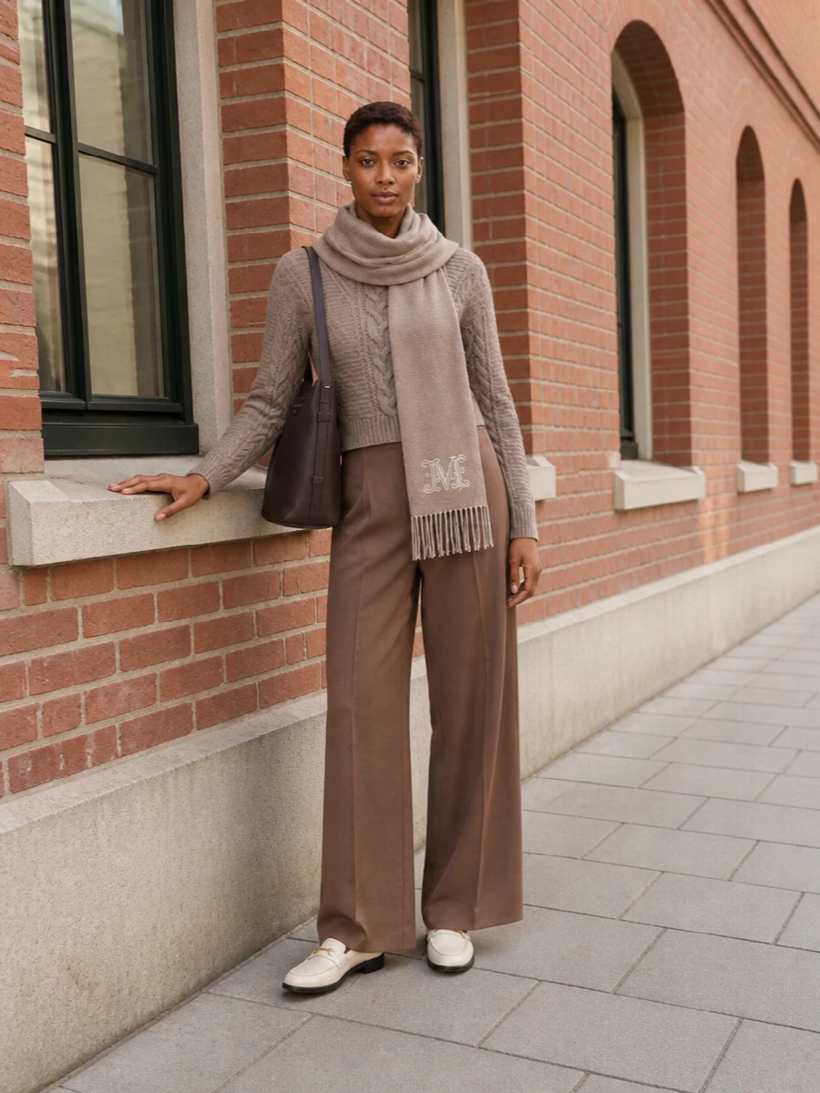 Max mara cable sweater camel wide leg pants