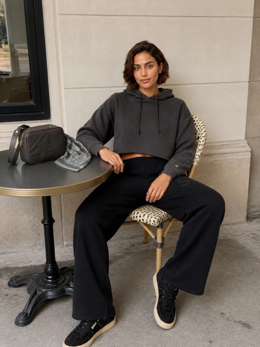 Golden goose wide leg sweatpants cropped hoodie outfit