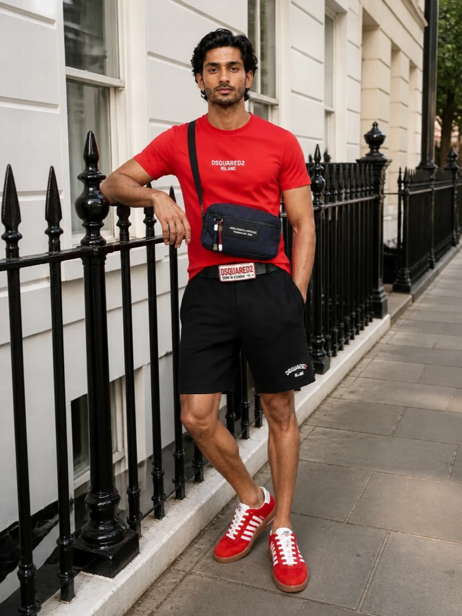 Dsquared2 red tee black shorts red sneakers