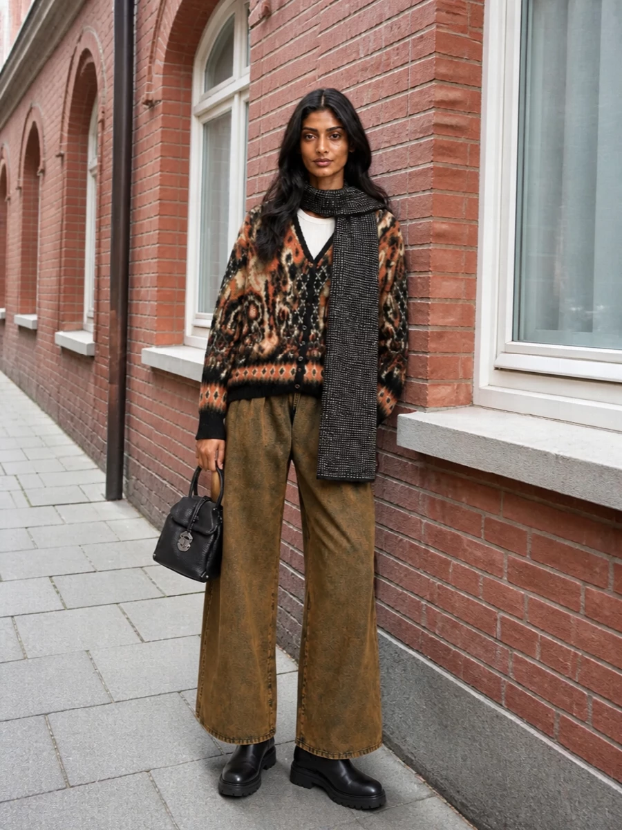 Needles cardigan alanui wide leg pants outfit