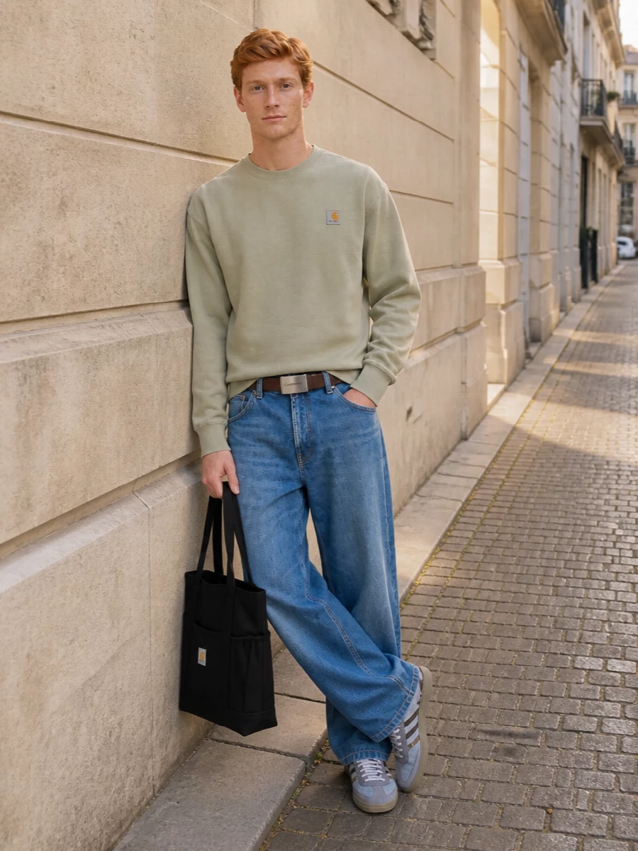 Carhartt wide leg jeans sage sweatshirt outfit