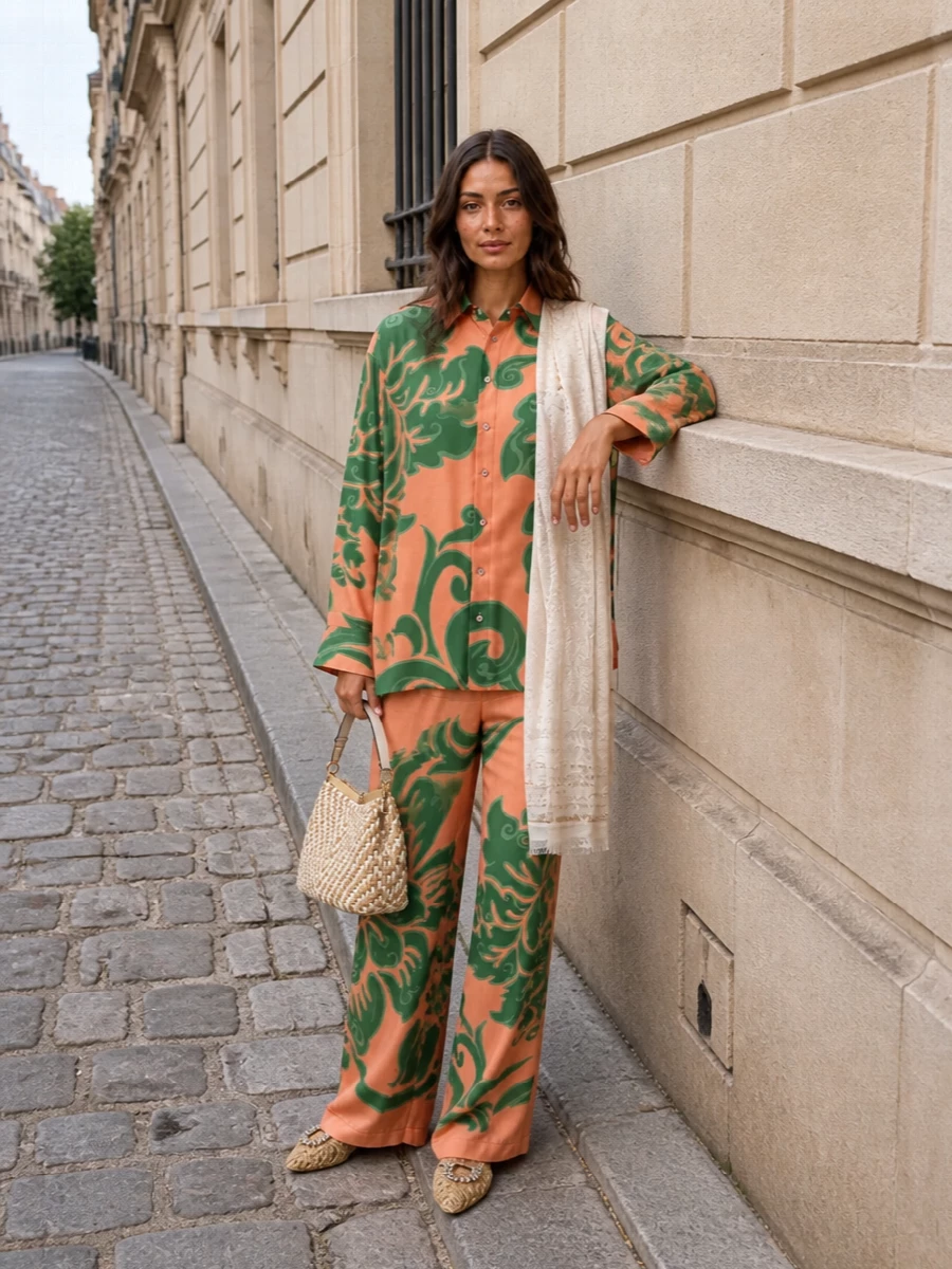Etro peach green silk shirt wide leg pants