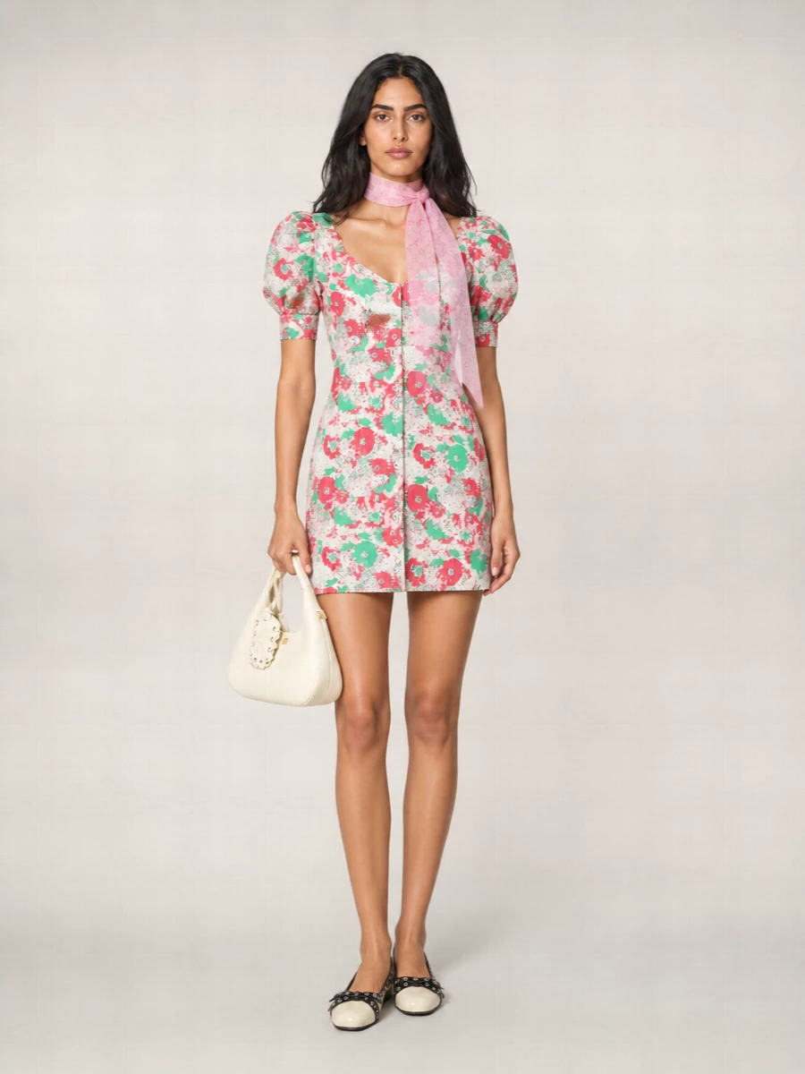 Ganni Floral-Embroidered Jacquard V-Neck Short-Sleeve Mini Dress
