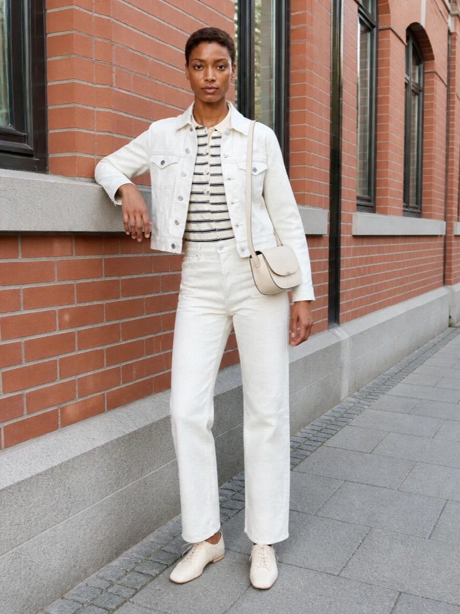 Apc ivory denim jacket striped knit outfit