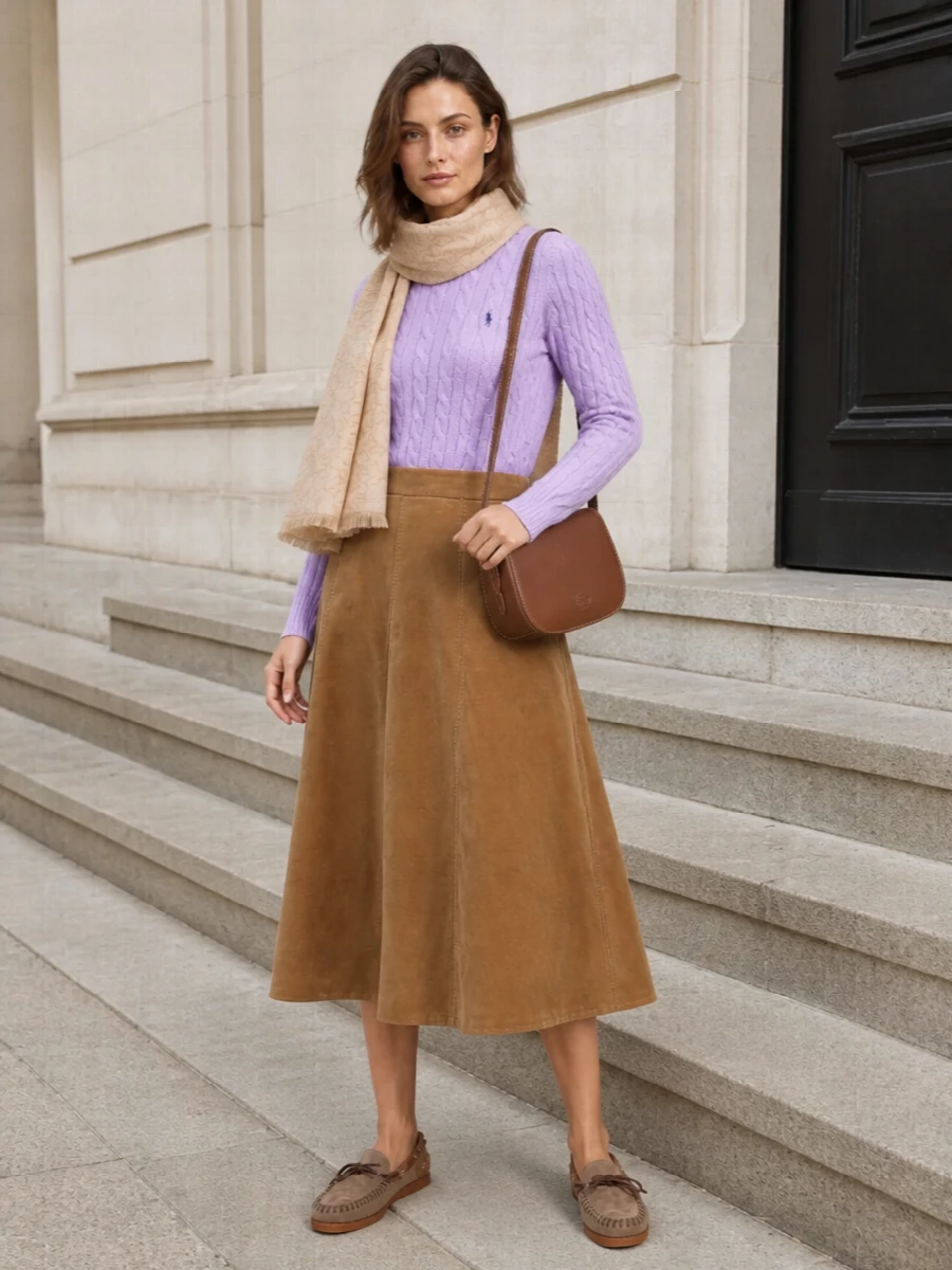 Lilac cable knit and camel corduroy create a soft, collegiate pairing that feels romantic without being saccharine. Taupe moc loafers and a chestnut shoulder bag keep the lines grounded and polished in warm neutrals. The blush-beige scarf ties the pastel and earth tones together, so the whole outfit reads gentle, preppy and quietly refined for cooler days.