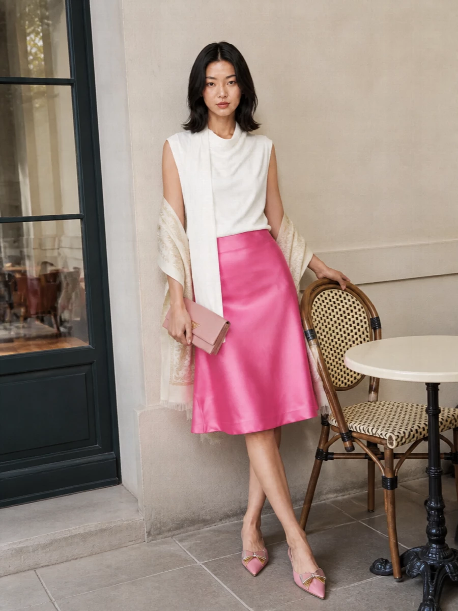 A hot-pink satin skirt is softened with a sculptural white draped top for a modern, romantic cocktail pairing. Dusty-pink slingbacks and a matching envelope clutch keep the palette tonal and refined, letting the colour-blocked silhouette do the talking. The result feels polished and feminine, ideal for summer weddings, gallery openings or dinner parties where you want confident colour without excess embellishment.