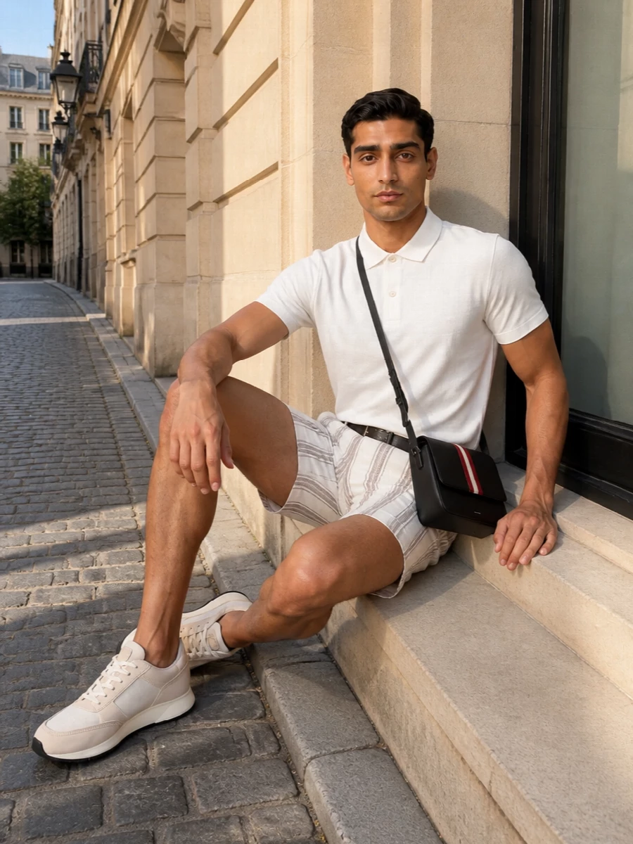 Boss striped shorts outfit white knit polo