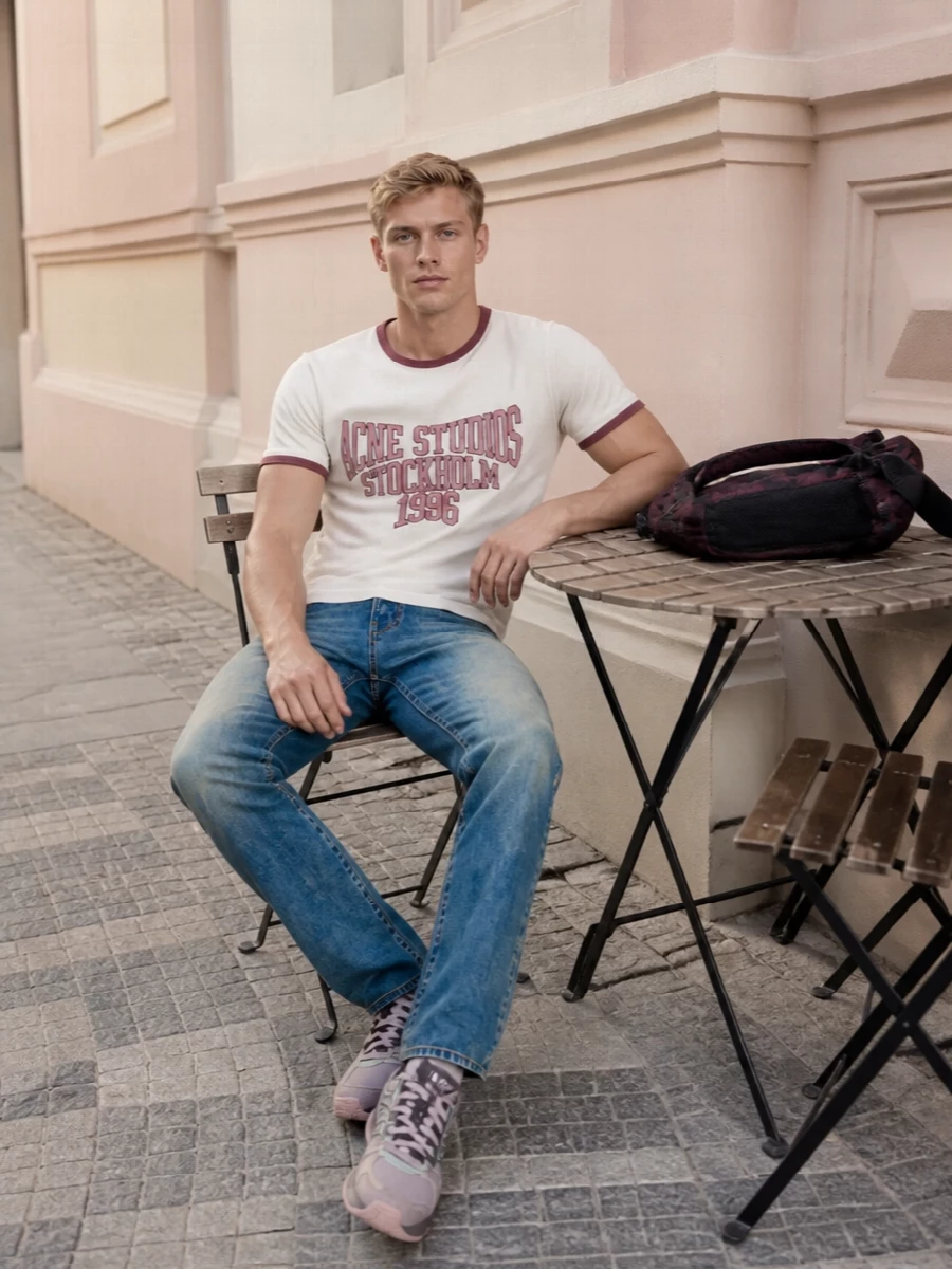 A collegiate Acne Studios ringer tee meets easy mid blue denim for a clean, campus-ready base. Dusty pink technical runners keep it street and agile, while a burgundy technical pack pulls the varsity palette together with a practical twist.