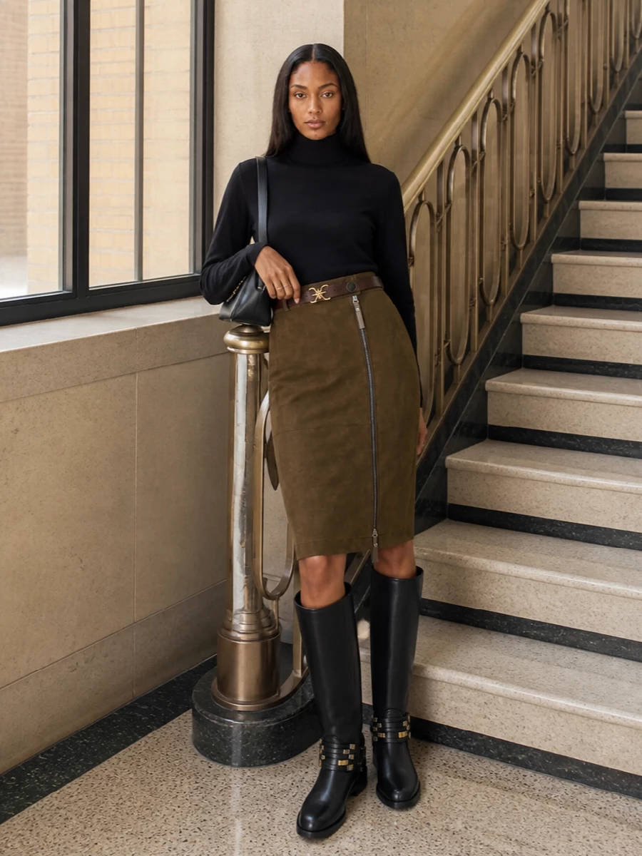 Pinko olive pencil skirt black knit knee boots