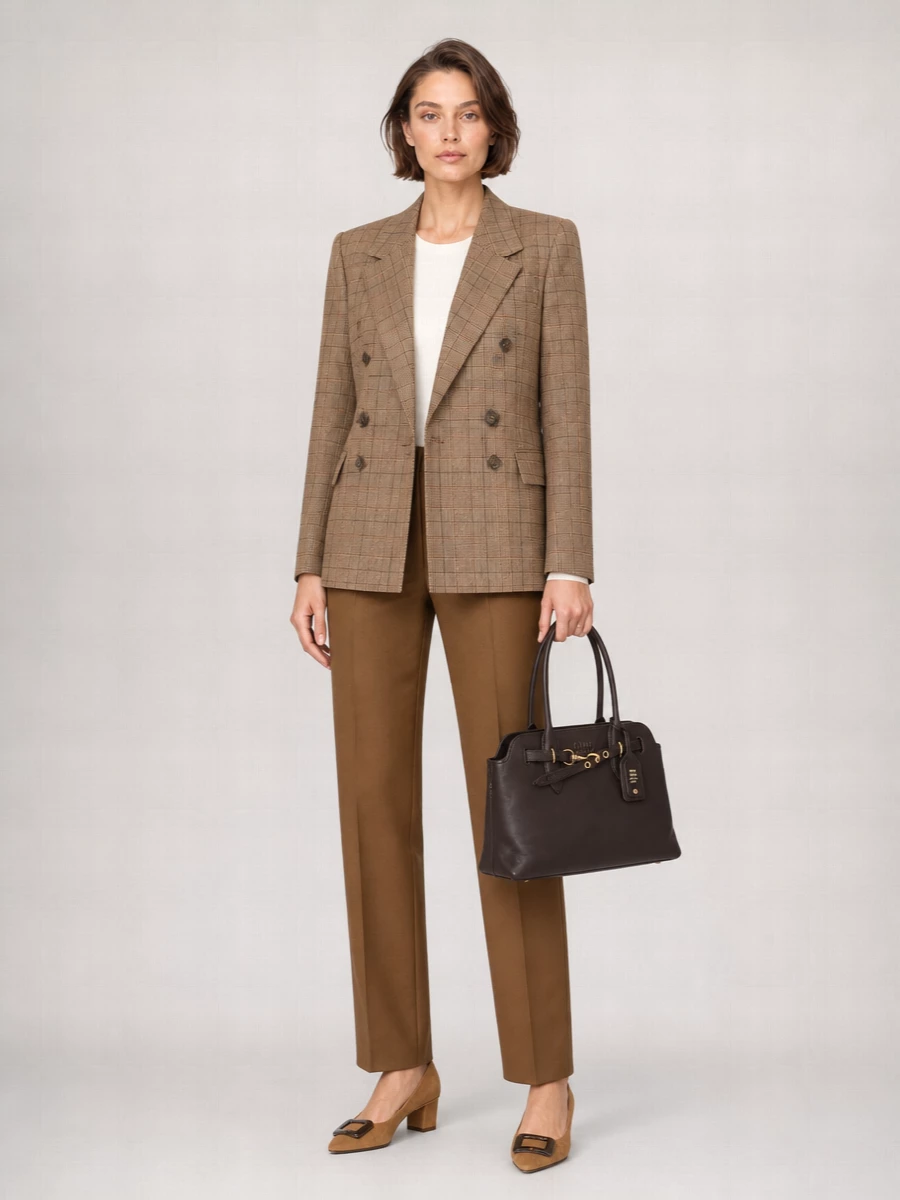 Chloé’s checked blazer sits over lean Jil Sander camel tailoring for a long, unbroken line that feels precise yet relaxed. Camel suede Roger Vivier pumps keep the palette soft and tonal, while a structured chocolate Miu Miu top-handle adds depth and office-ready polish. The result is modern menswear-inspired suiting with a distinctly feminine, quiet-luxury finish ideal for serious days that run into dinner.
