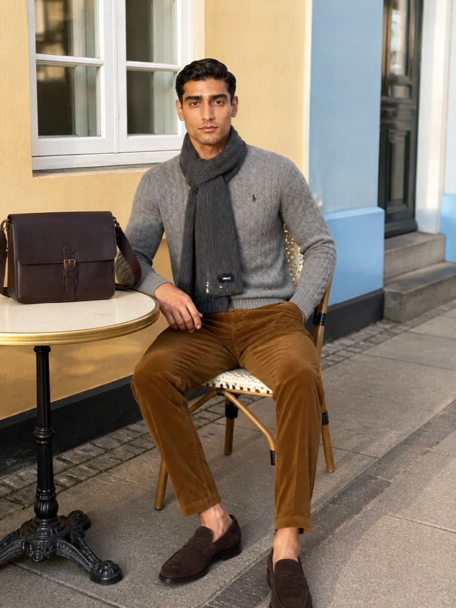 A heather grey cable-knit knit meets caramel corduroy for a classic campus-inspired mix of cool and warm neutrals. Dark brown suede loafers and a chocolate leather messenger sharpen the mood just enough for dinners, office-adjacent days or weekend city plans. A slim charcoal scarf picks up the sweater’s softness and ties the shades together without crowding the clean lines.