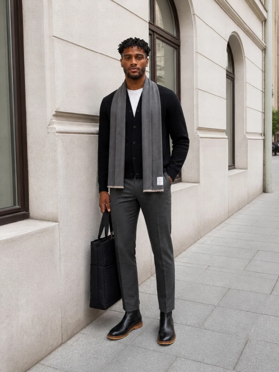 Thom browne cardigan charcoal trousers boots