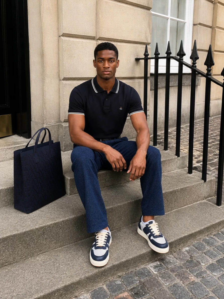 Vivienne westwood navy polo tailored trousers outfit